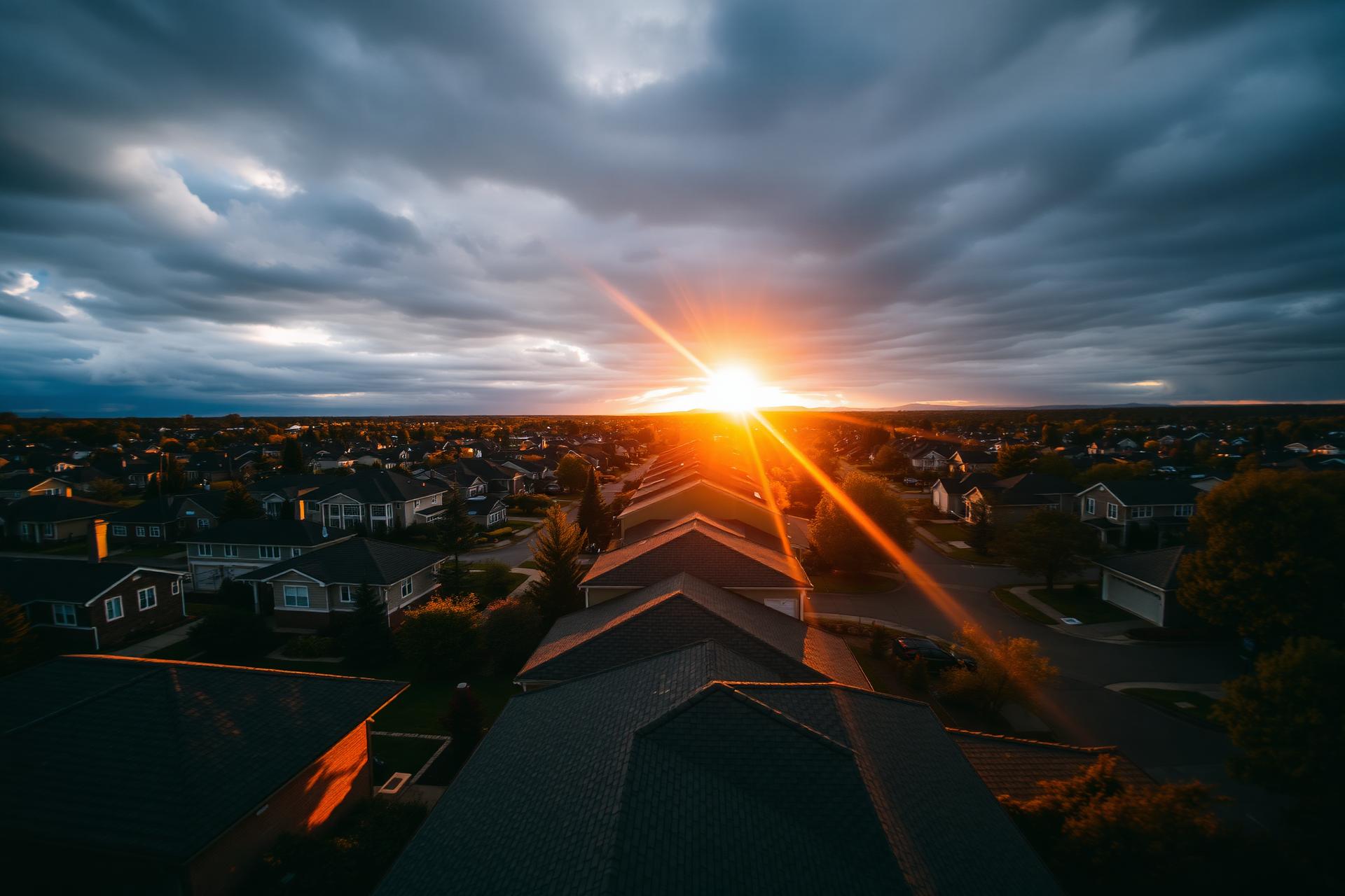 Aerial view of neighborhood rooftops at sunset